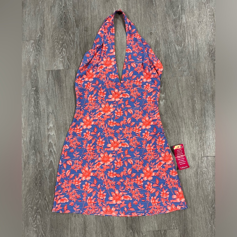 NWOT Belle Badgley Mischka Delilah Tropical Striped Floral Halter Dress Sz 12